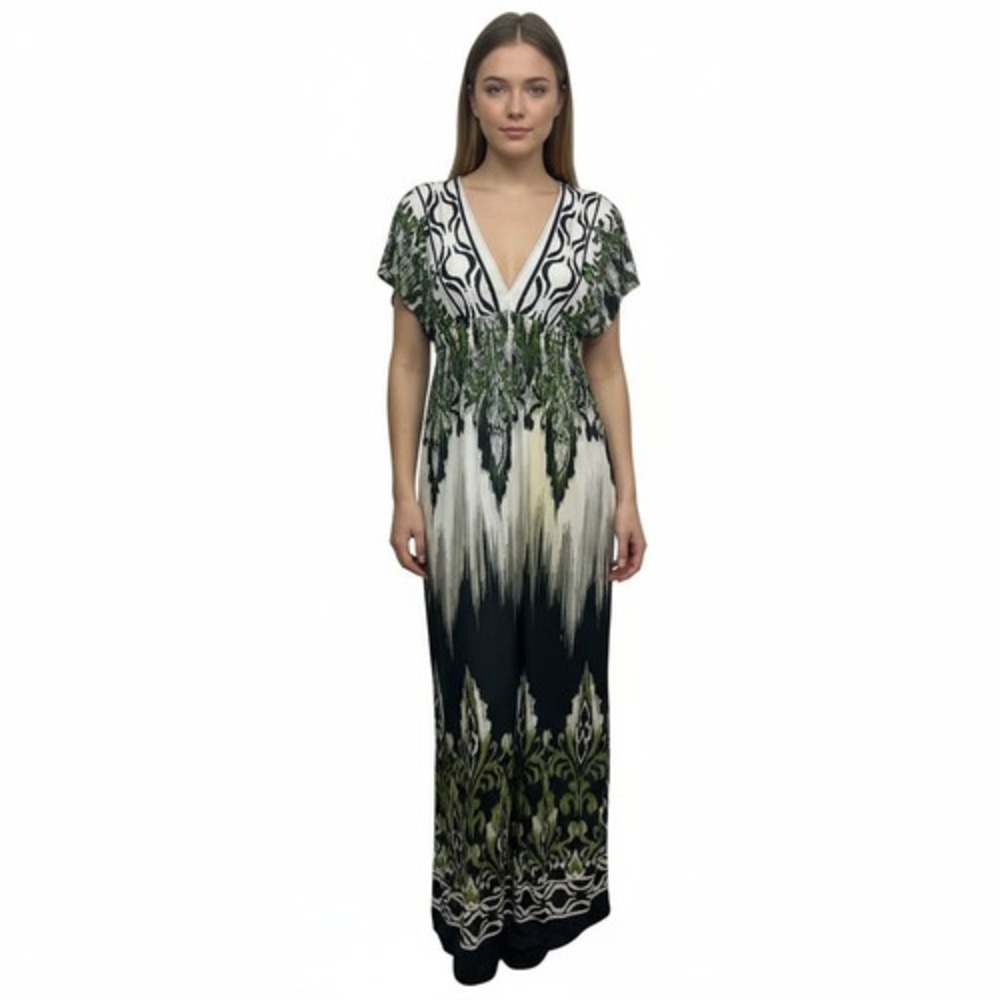 Delusional Maxi Dress Women Large Green Black Ikat Damask V-Neck Flutter Sleeve
